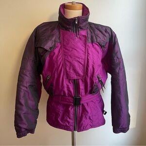 Vintage 90s Mountain Goat Ski Jacket Coat White Stag Purple Plum Belt Size Small